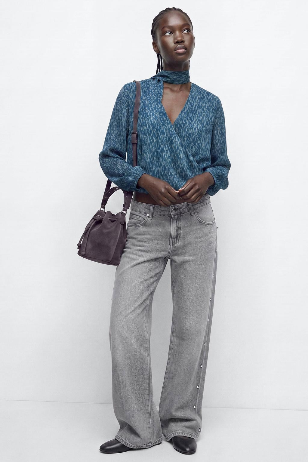 MANGO TEEN rechtvallende overslagtop met print - blauw
