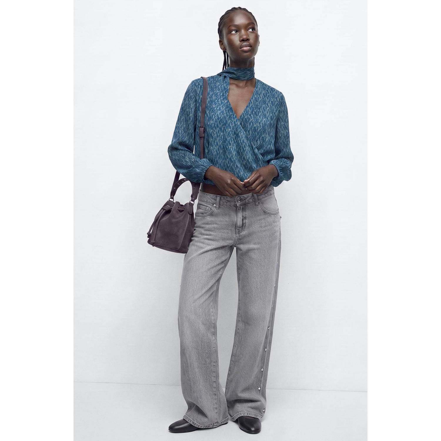 MANGO TEEN rechtvallende overslagtop met print blauw