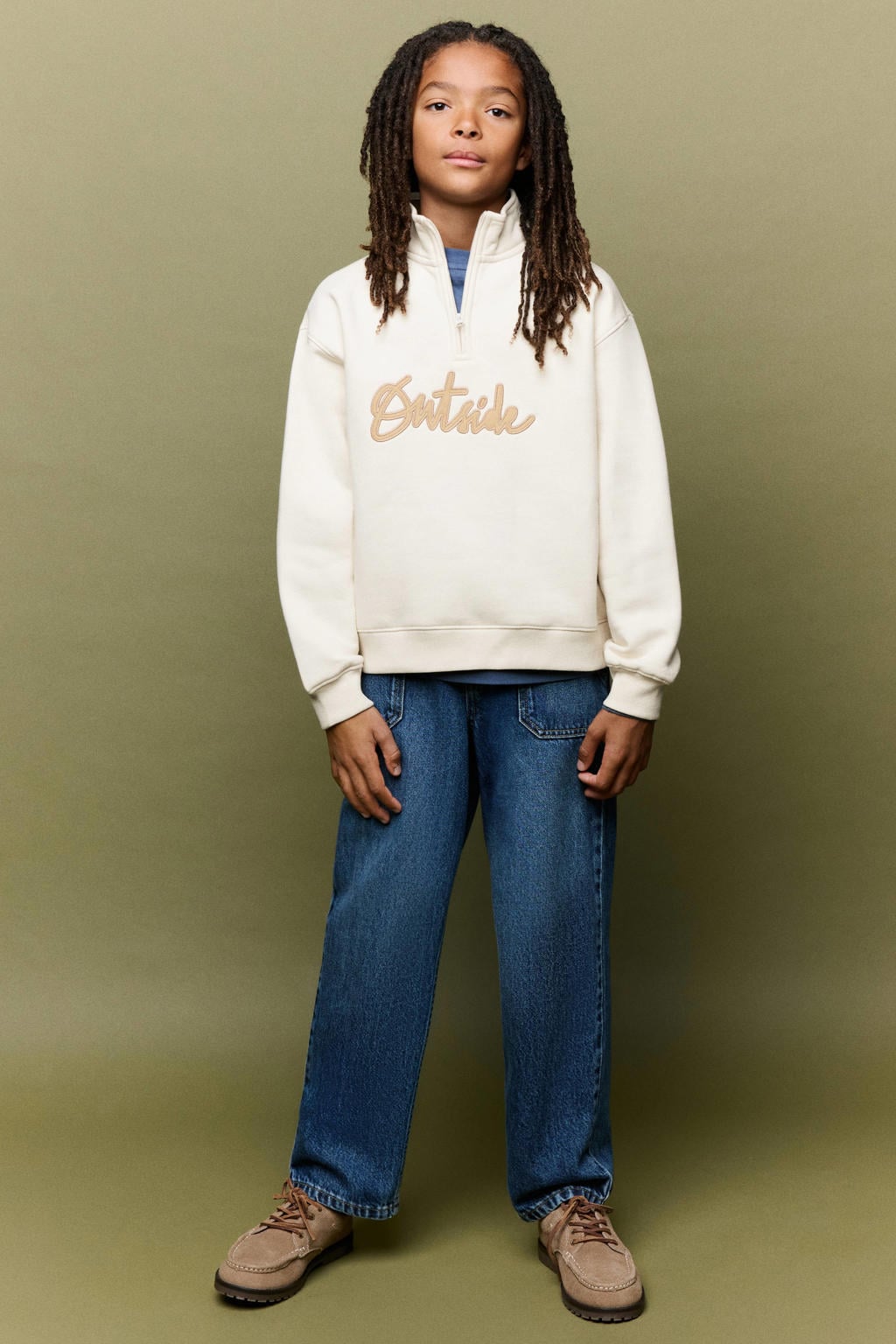 Ecru jongens Mango Kids sweater en tekst met lange mouwen, schipperskraag en borduursels