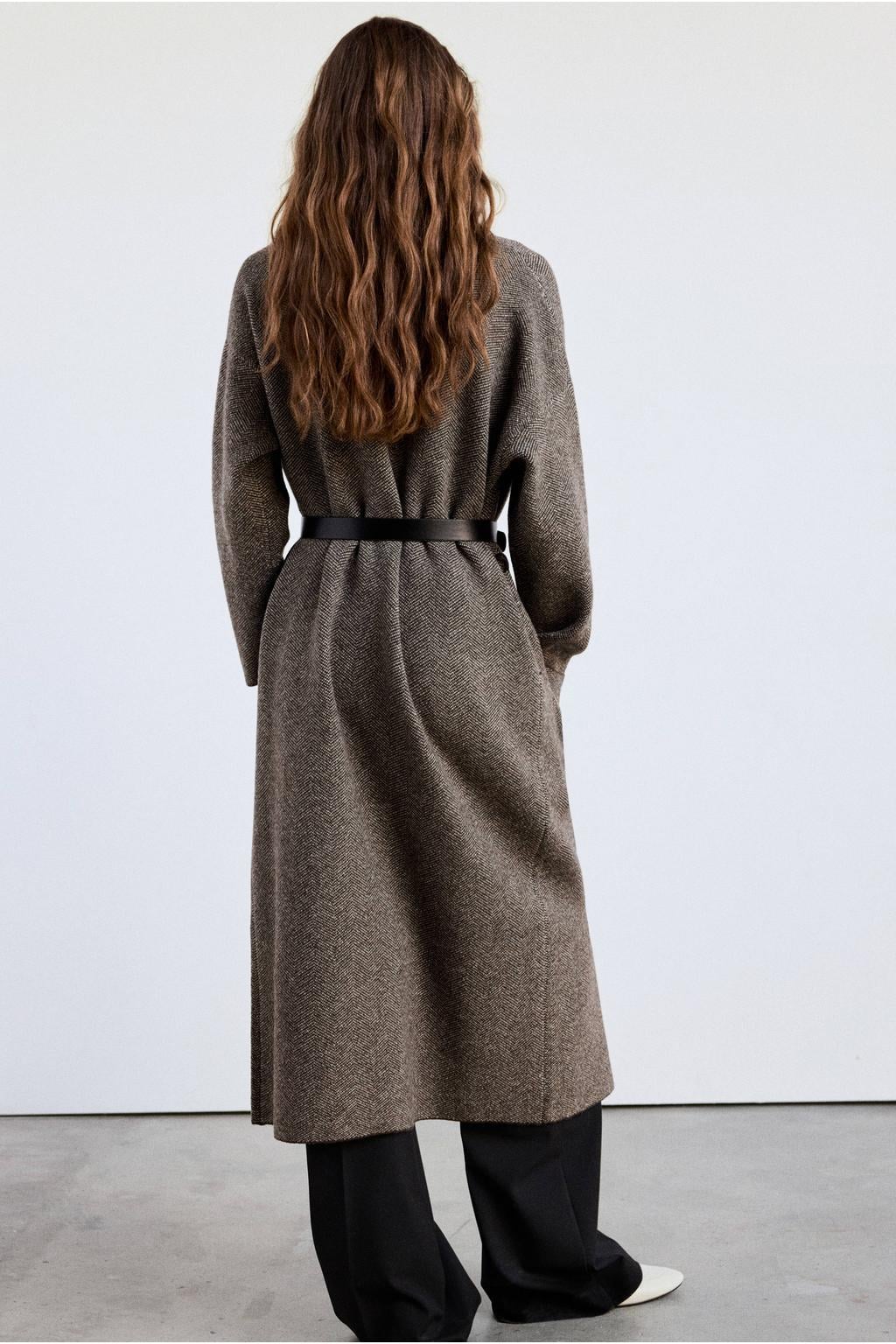 Bruine dames Mango gebreid vest met effen, lange mouwen, V-hals en ceintuur
