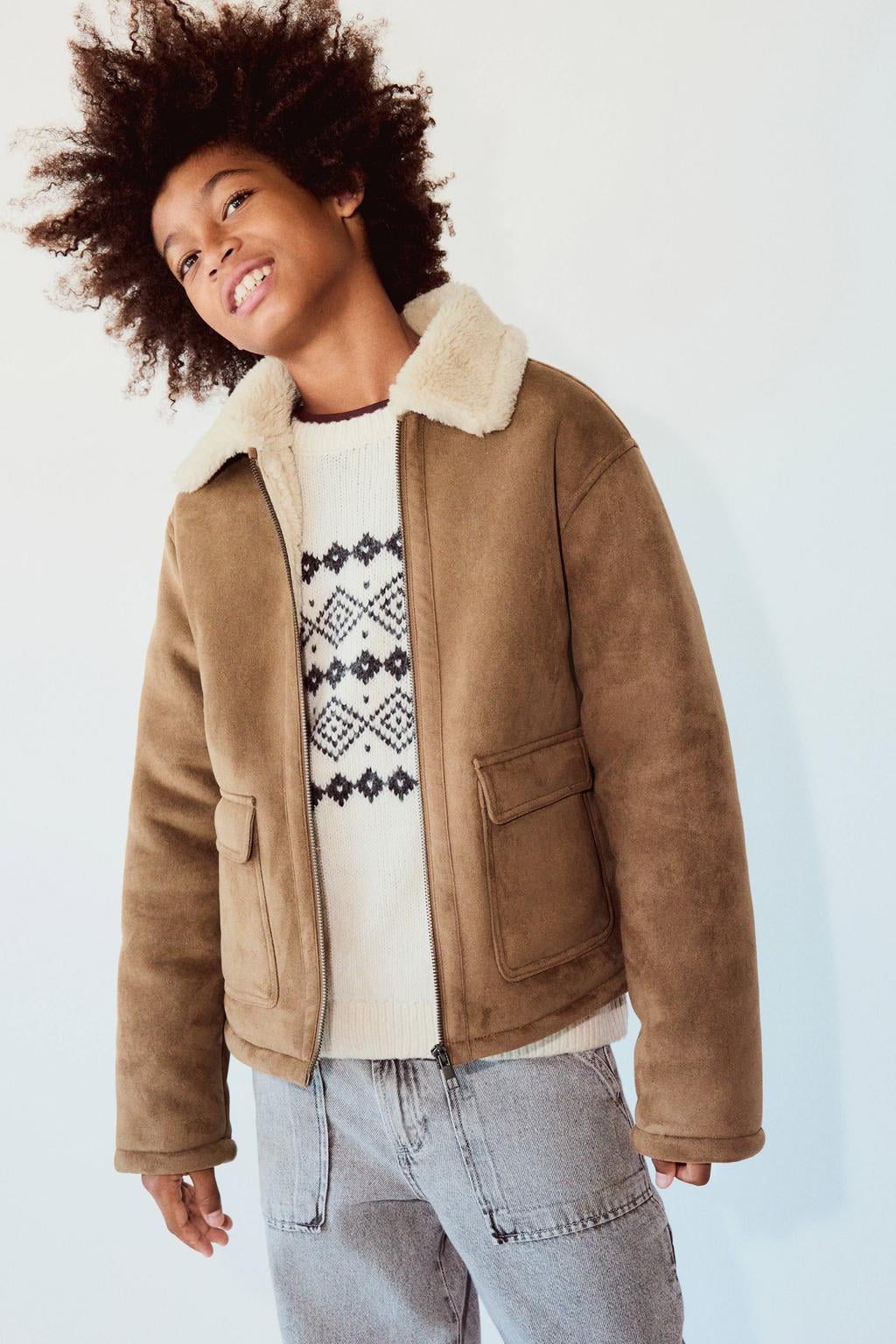 Bruine jongens Mango Kids lammy coat van polyester met effen, lange mouwen, klassieke kraag en ritssluiting