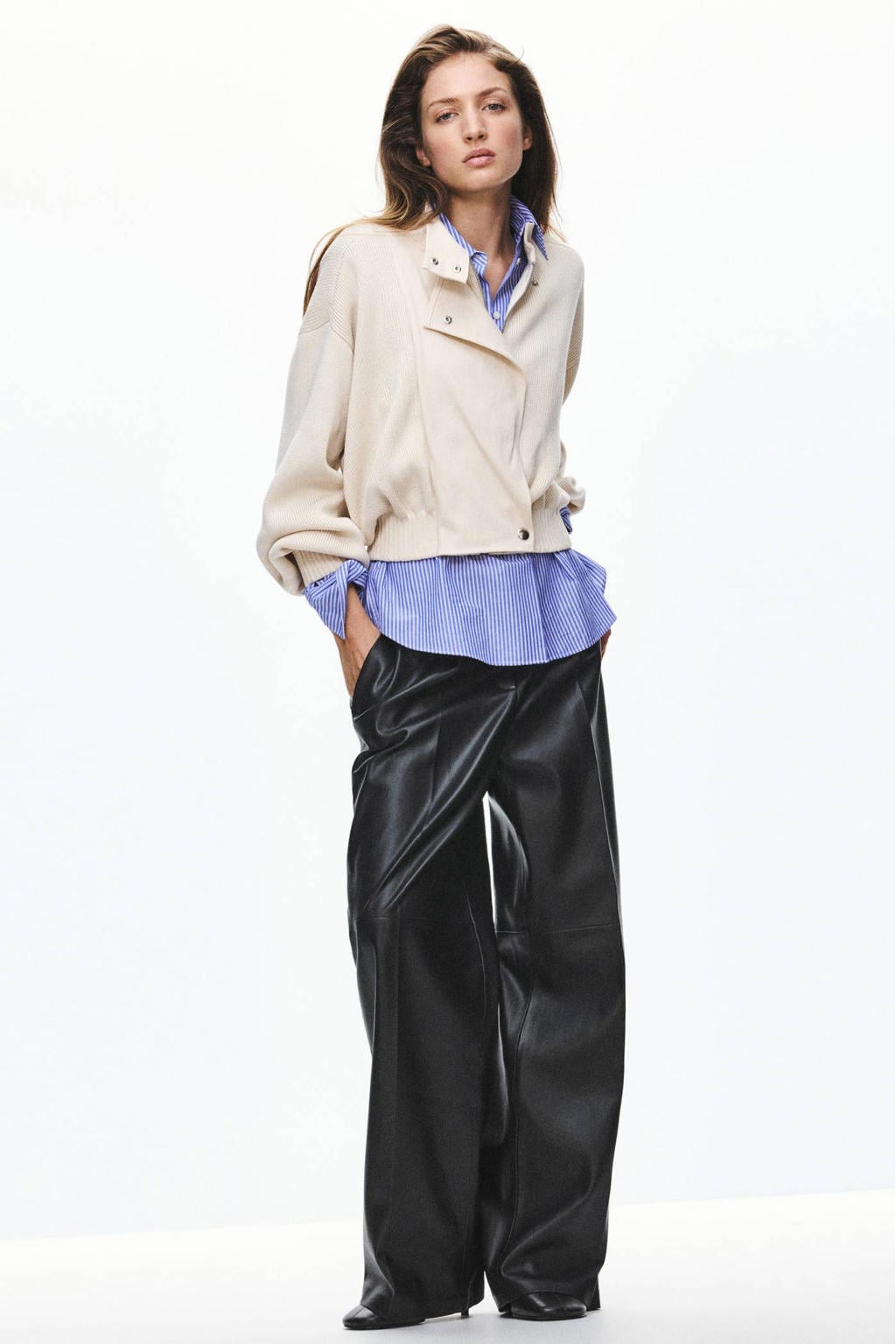 Beige dames Mango bomberjack van acryl met effen, lange mouwen en opstaande kraag
