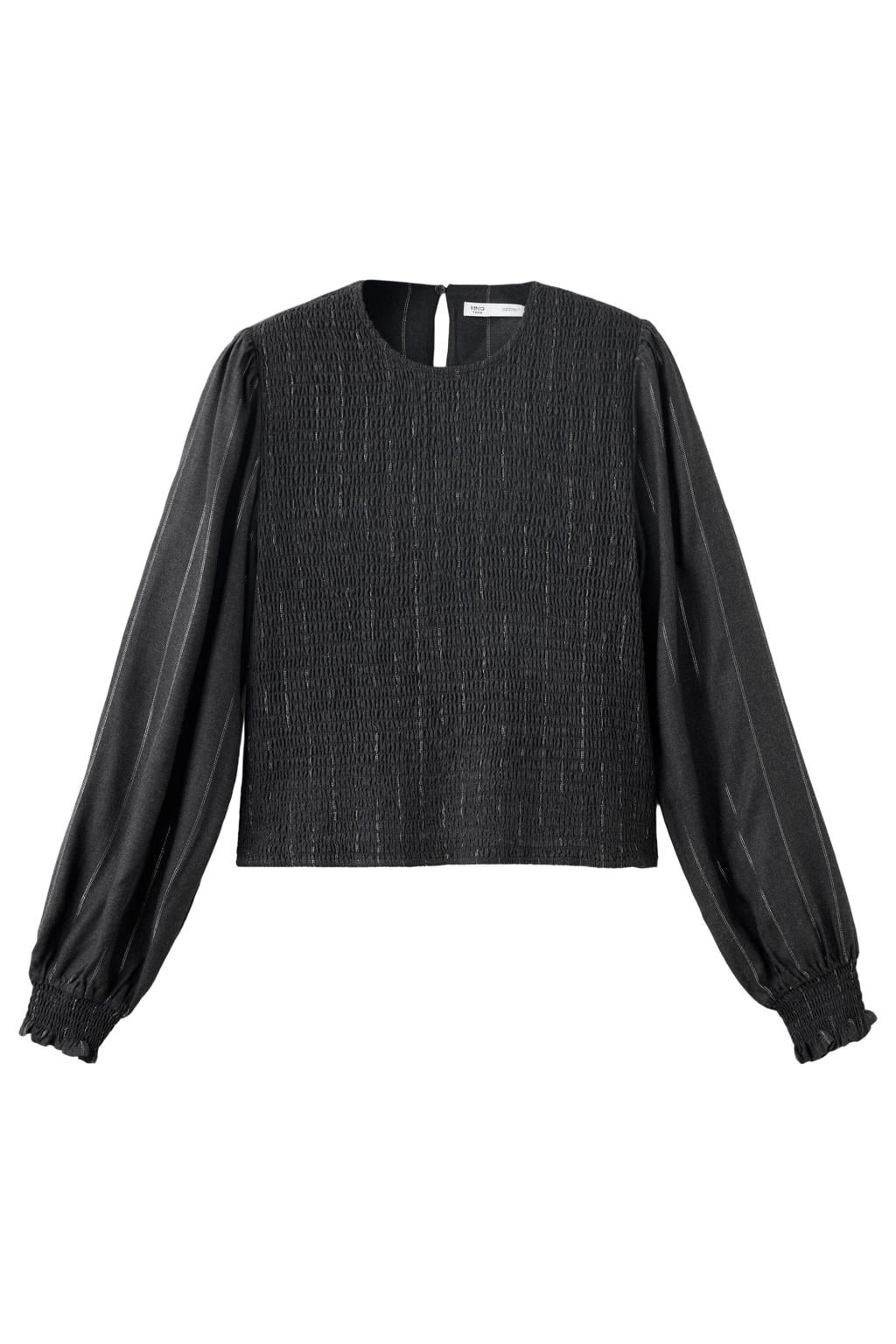 Antraciete meisjes MANGO TEEN gestreepte blousetop van viscose met lange mouwen, ronde hals en smockwerk