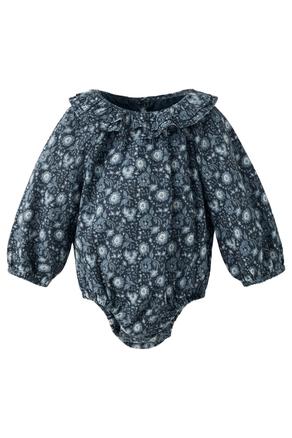 Mango Kids katoenen gebloemde romper met ruches - donkerblauw/grijs