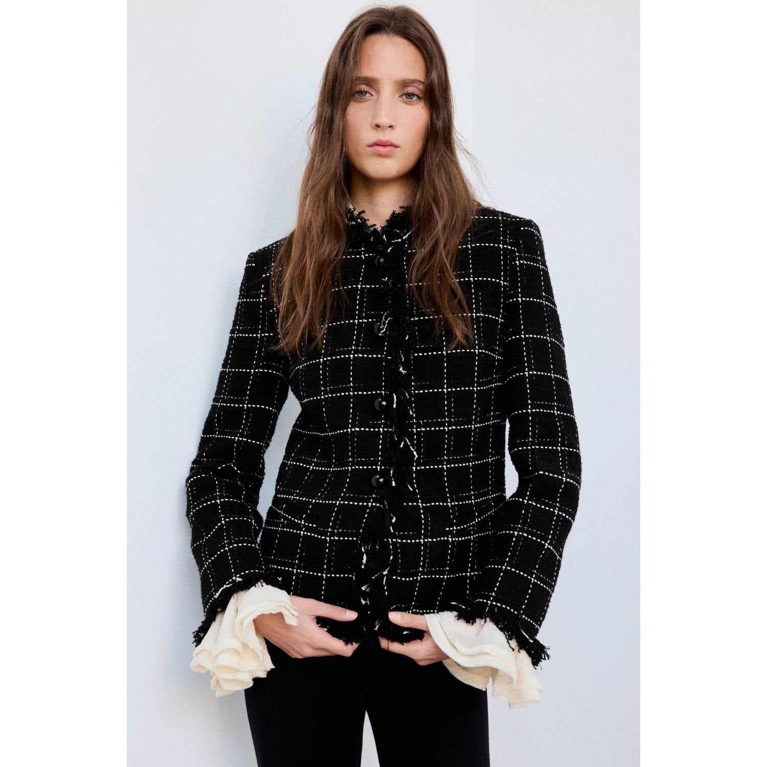 Mango tweed geruite getailleerde blazer met franjes en wol zwart wit