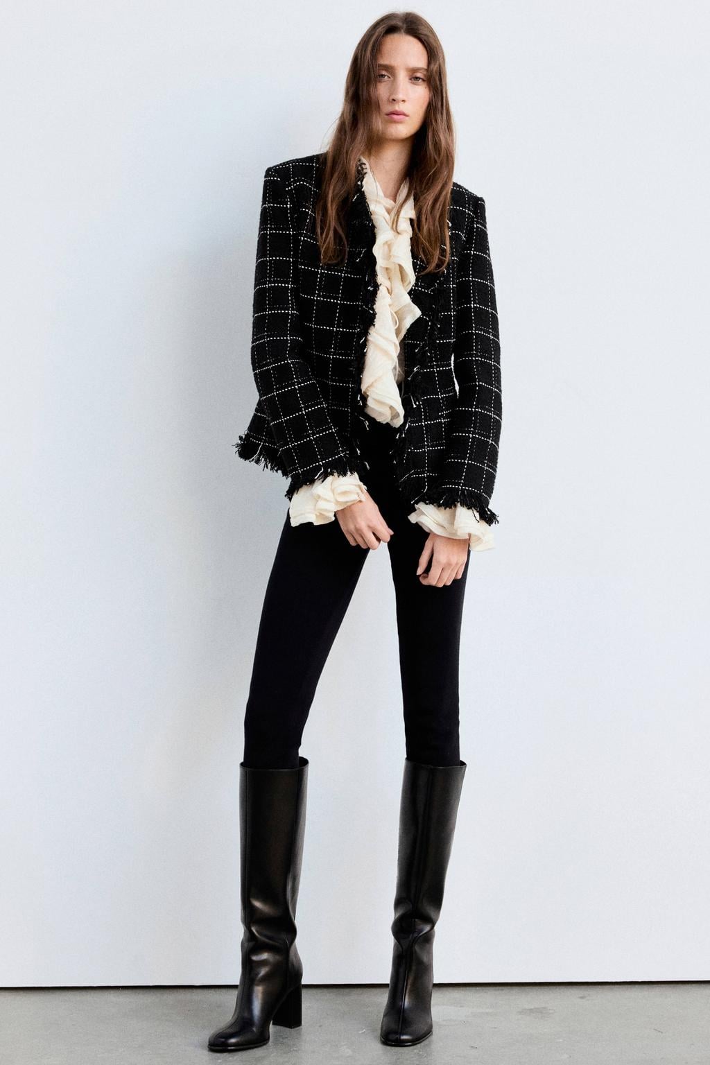 Mango tweed geruite getailleerde blazer met franjes en wol - zwart/wit