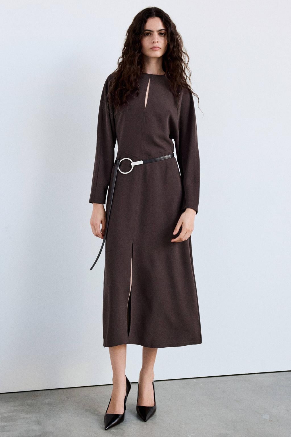 Bruine dames Mango midi jurk van polyester met effen, lange mouwen, ronde hals en ritssluiting