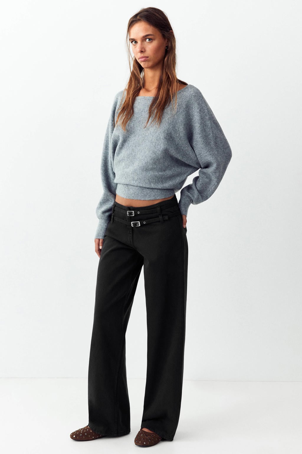 Zwarte meisjes MANGO TEEN low waist wide leg jeans van denim met rits- en knoopsluiting en effen