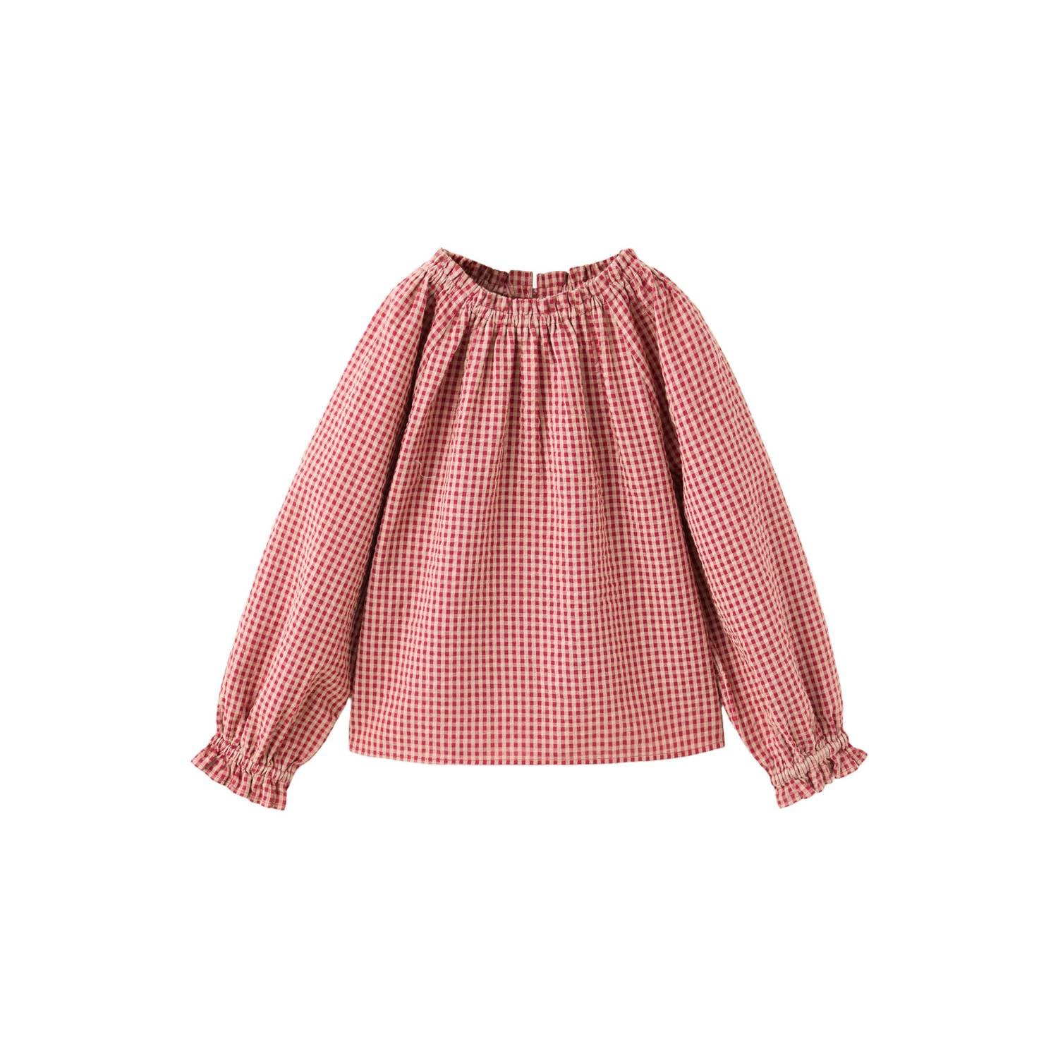 Mango Kids rechtvallende geruite blousetop met ruches en smockwerk rood wit