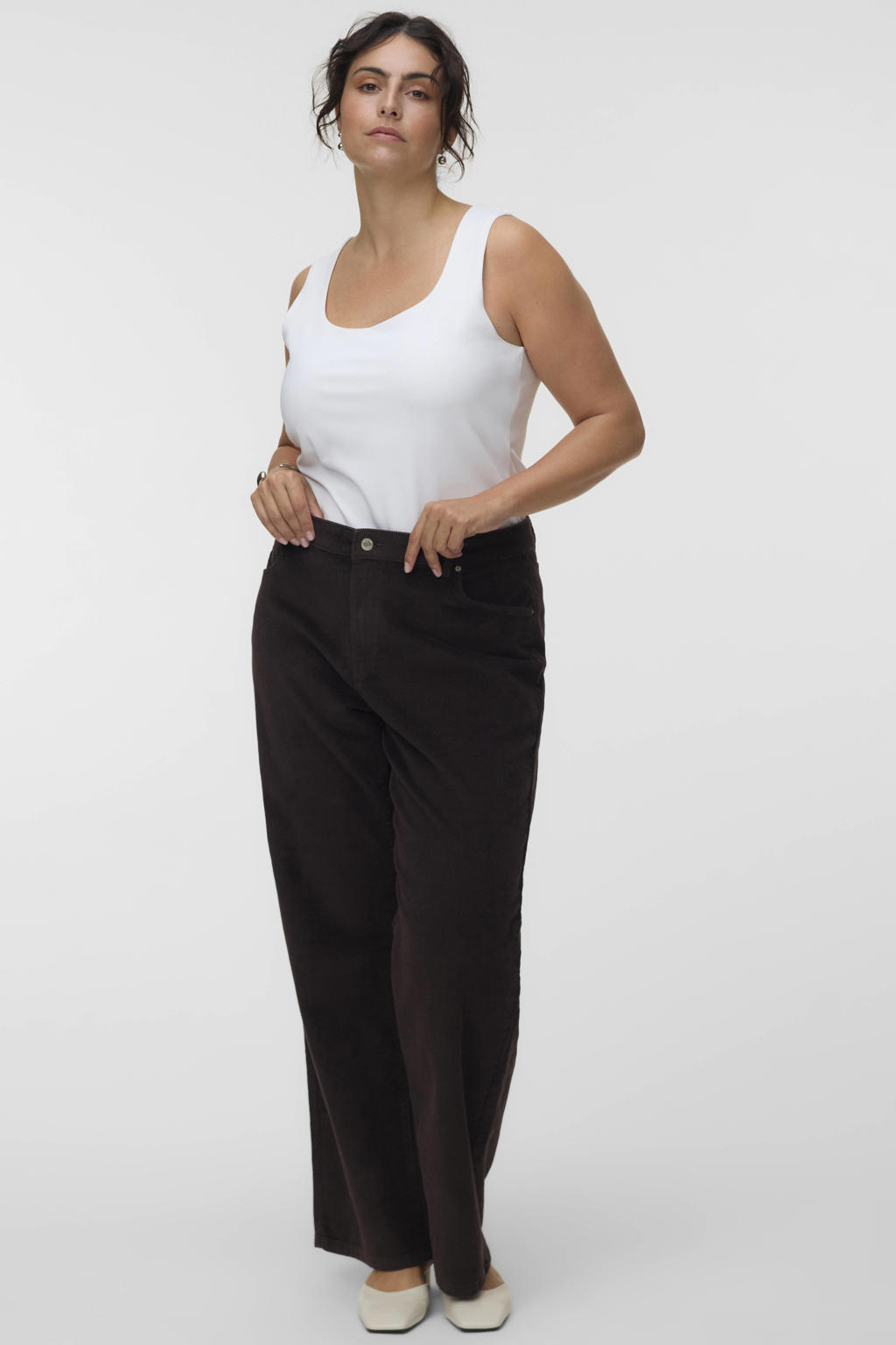 VERO MODA CURVE Plus Size wide leg corduroy casual broek - donkerbruin