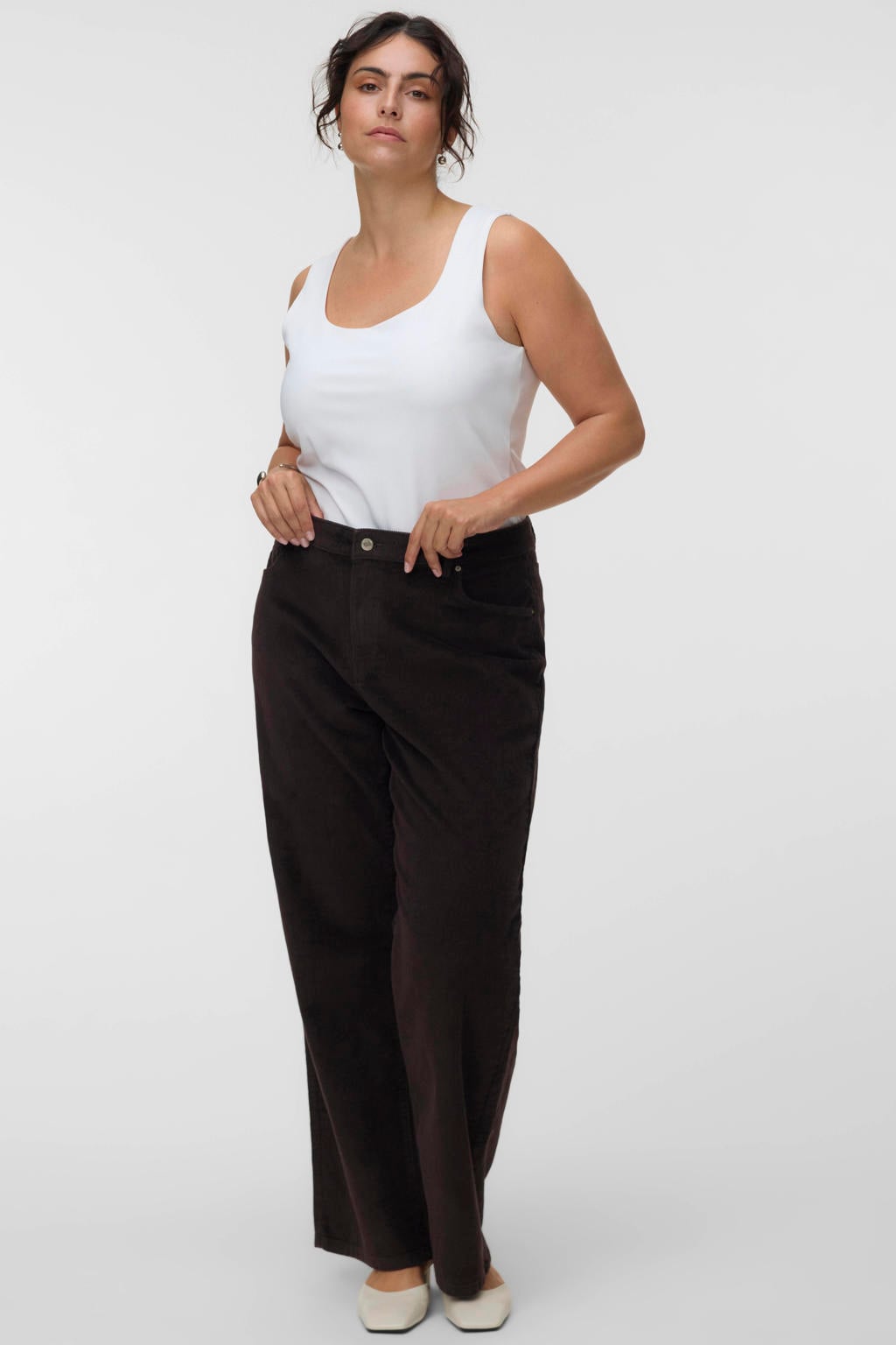 VERO MODA CURVE Plus Size wide leg corduroy casual broek - donkerbruin