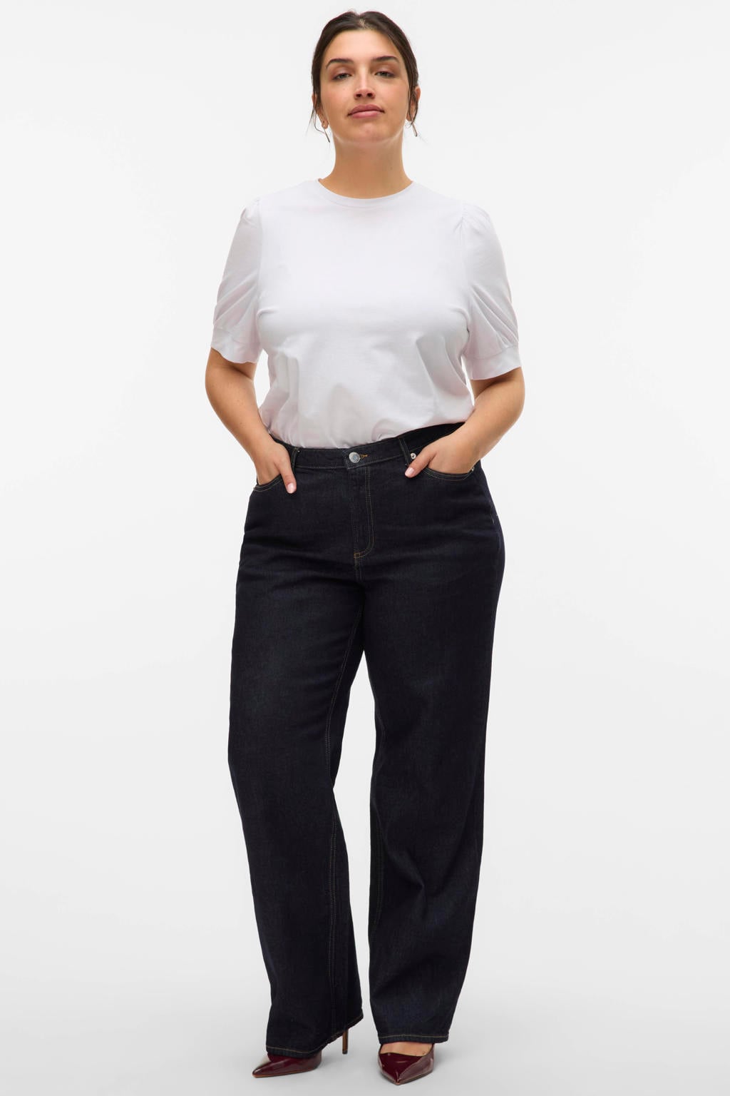Donkerblauwe dames VERO MODA CURVE Plus Size high waist wide leg jeans van katoen met rits- en knoopsluiting en effen