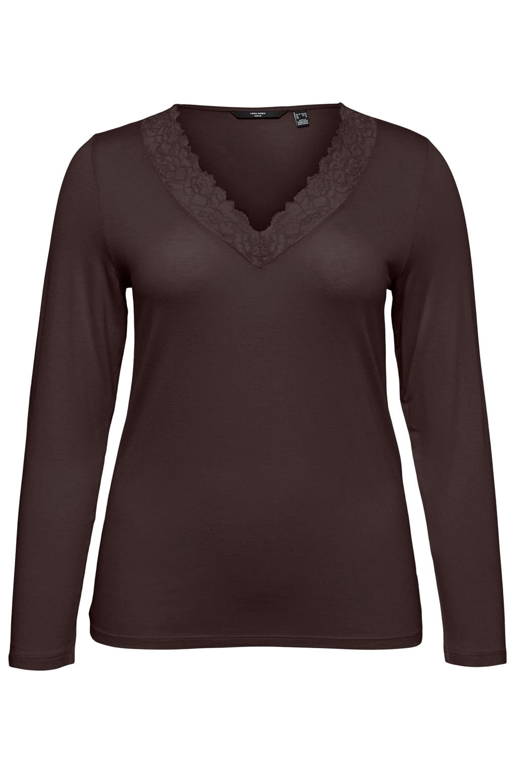 Donkerblauwe dames VERO MODA CURVE Plus Size top van viscose met effen, lange mouwen en kant