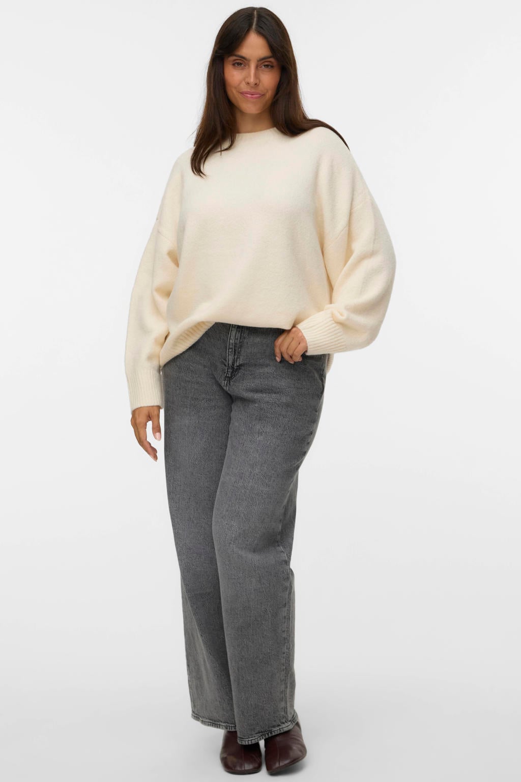 Ecru dames VERO MODA CURVE Plus Size oversized gebreide trui van wol met effen en lange mouwen