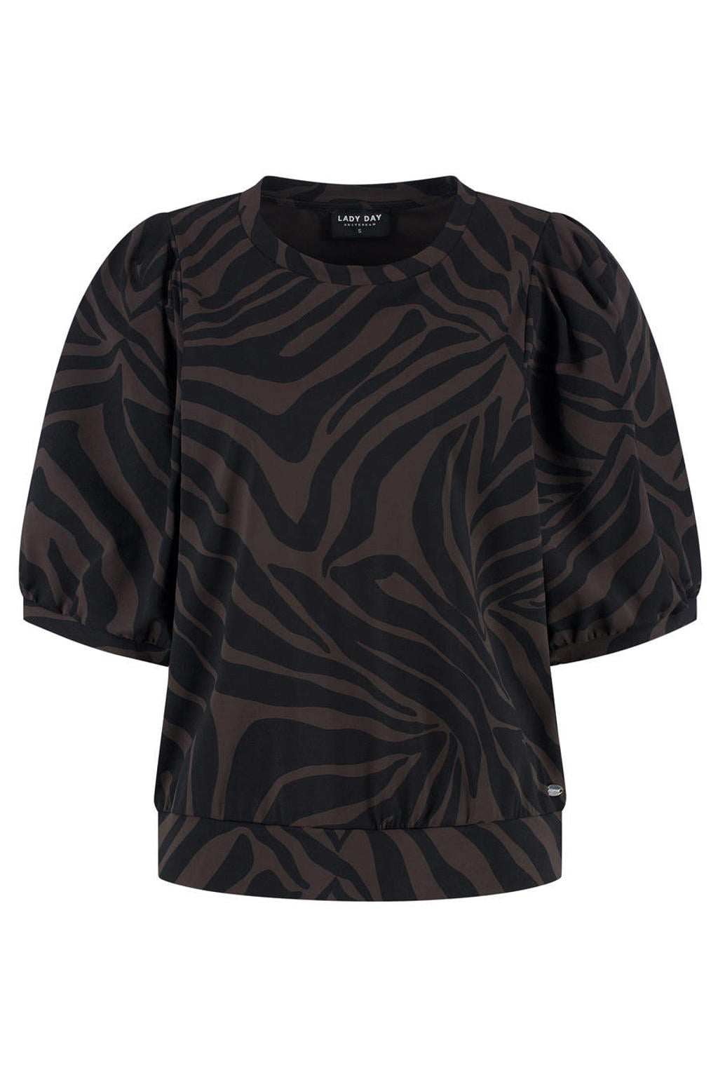 Donkerbruin en zwarte dames Lady Day top met zebraprint, korte mouwen en ronde hals