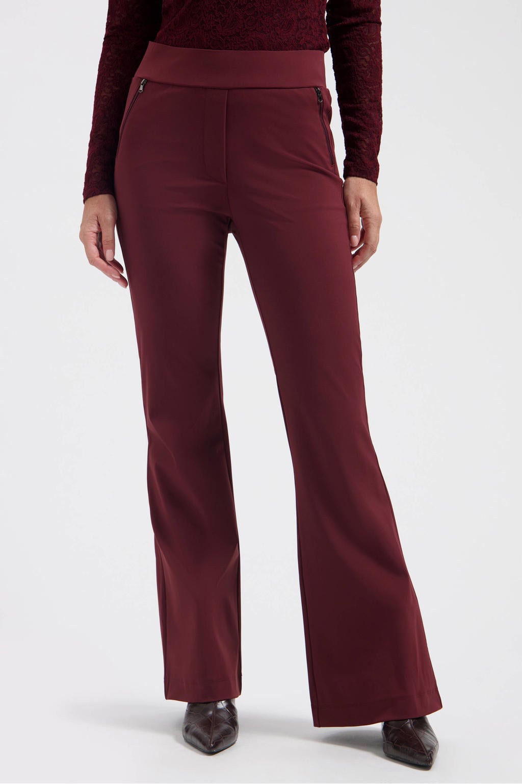 Donkerrode dames Lady Day travelstof flared broek met regular waist, elastische tailleband en effen