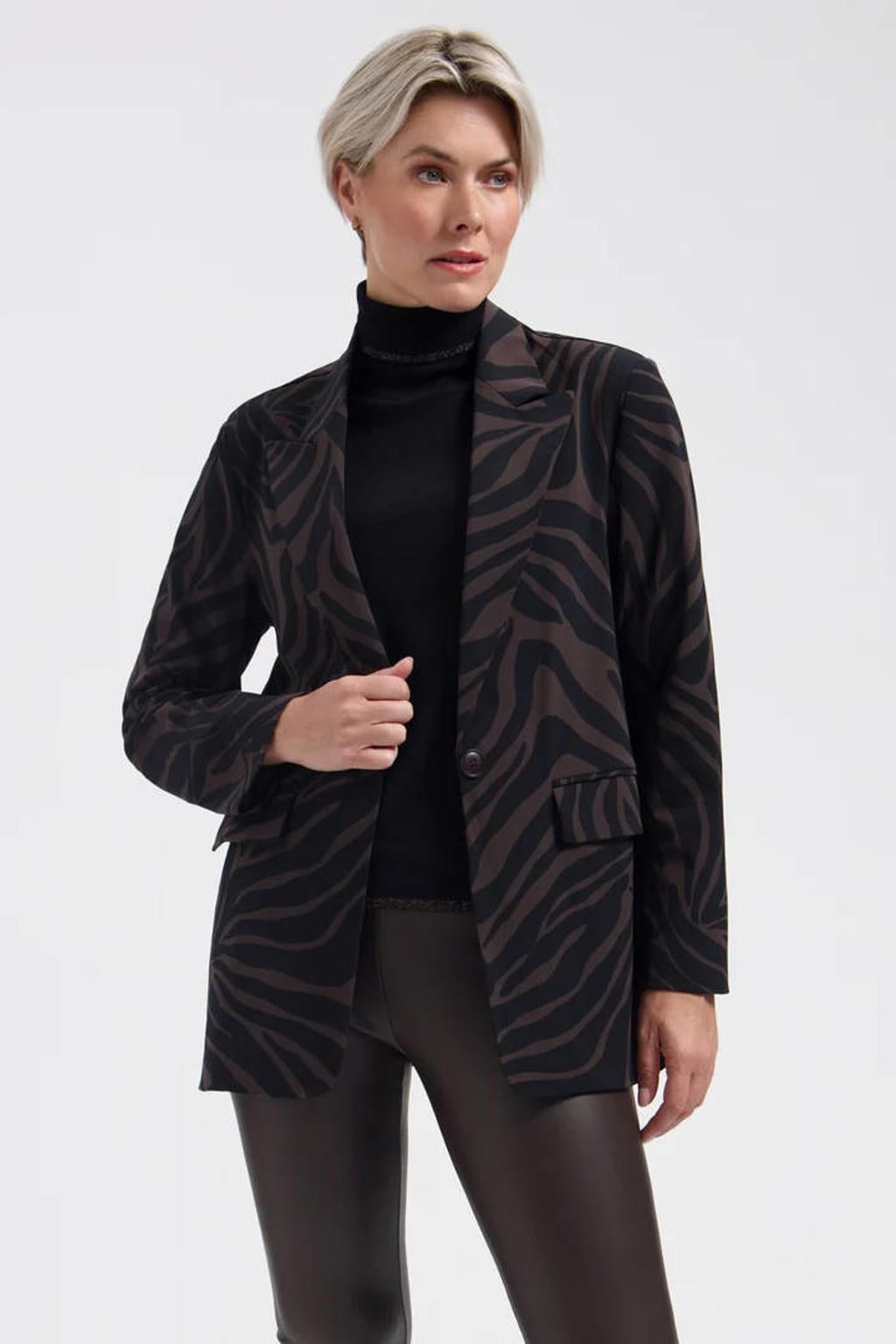 Lady Day travelstof regular fit blazer met zebraprint - donkerbruin/zwart