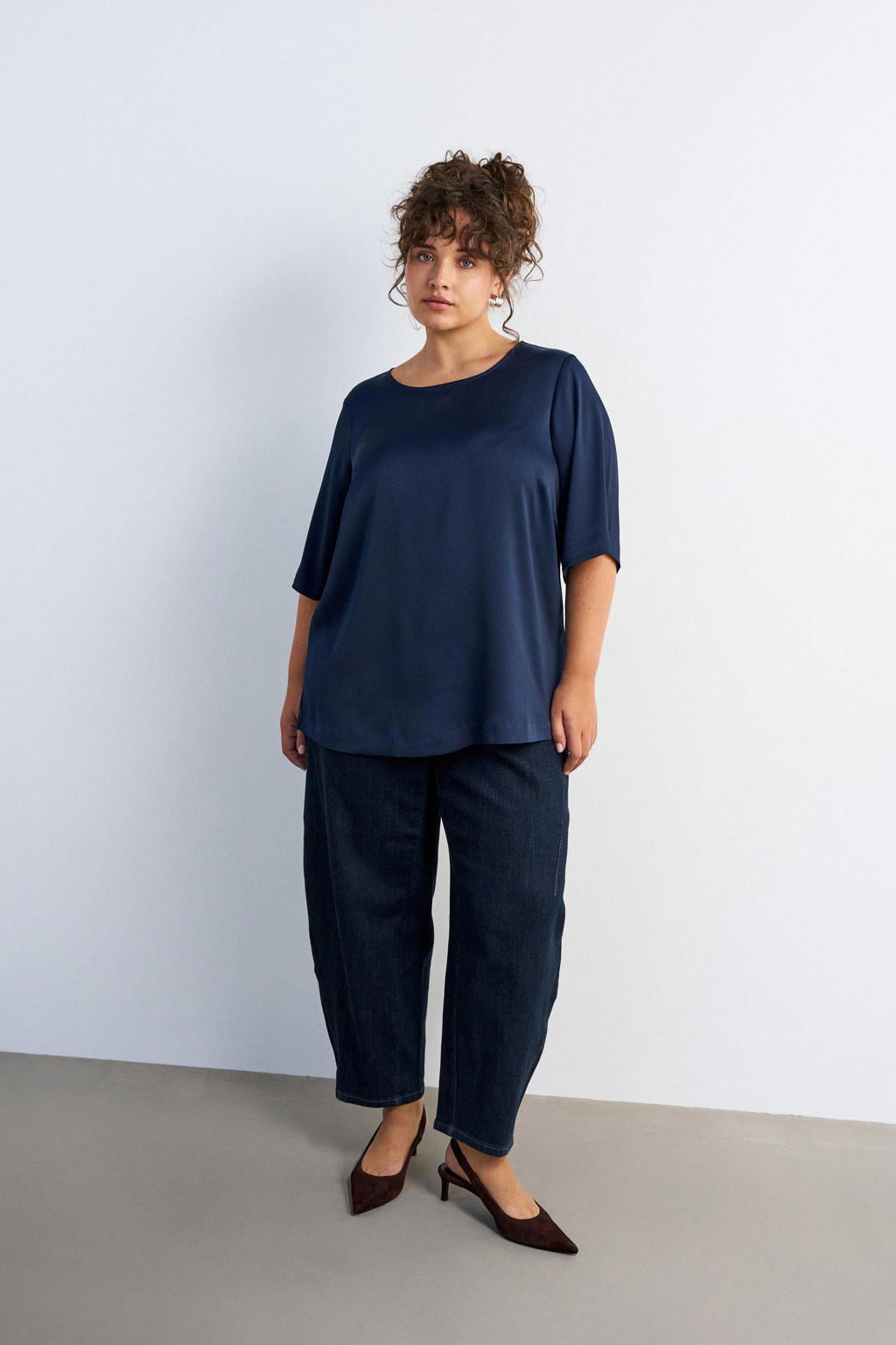 Zizzi Plus Size satijnen top - donkerblauw