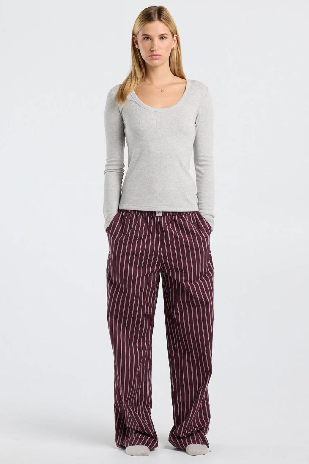 Donkerrode dames America Today pyjamabroek van katoen met elastische tailleband en strepenprint