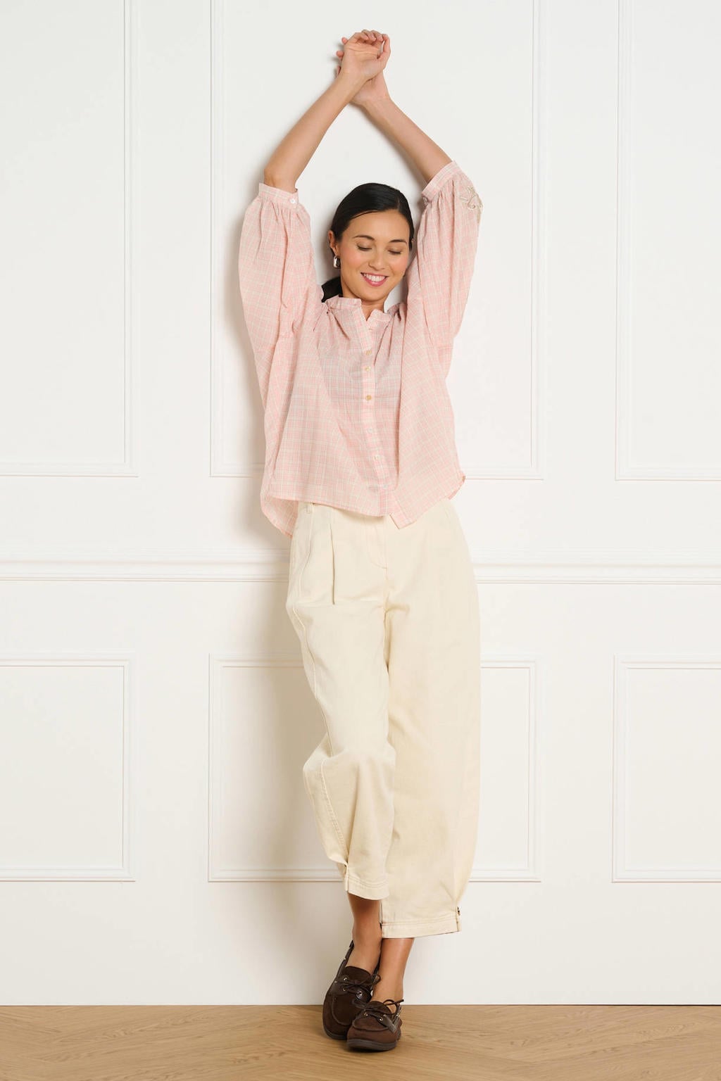 LOLALIZA geruite blouse - roze/ecru