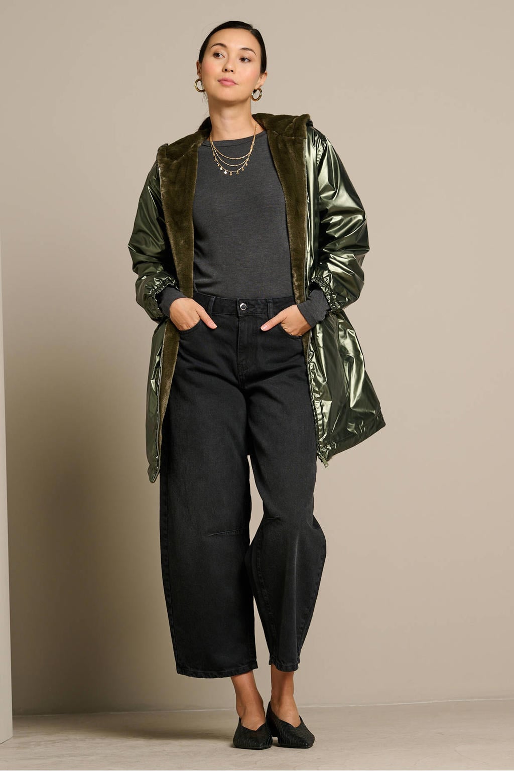 Groene dames LOLALIZA teddy parka van polyester met effen, lange mouwen en capuchon