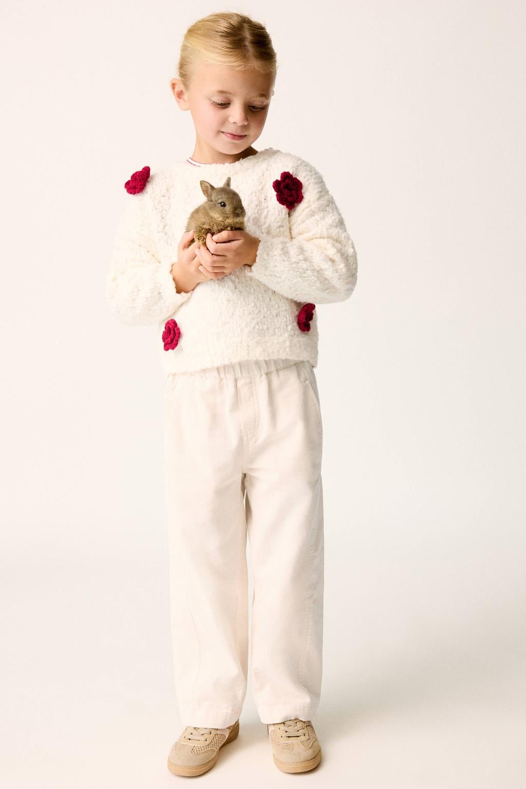 Ecru meisjes Mango Kids van polyester met bloemenprint, lange mouwen, ronde hals en 3D applicatie