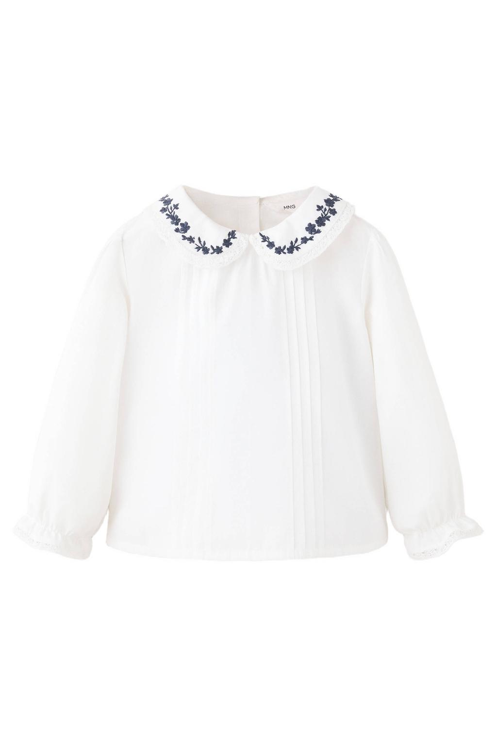 Mango Kids rechtvallende blouse met broderie - naturel wit/blauw