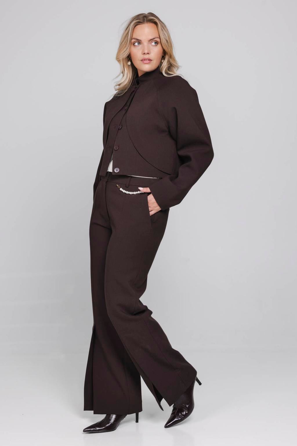 Donkerblauwe dames Accentil wide leg broek van katoen met high waist, rits- en haaksluiting en effen