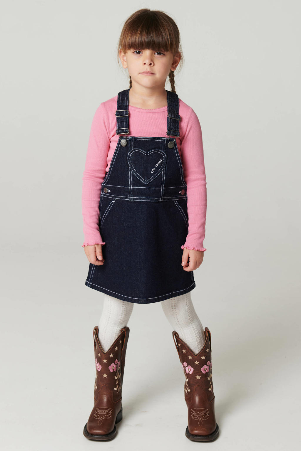 Dark blue denim meisjes Copenhagen Colors spijkerjurk raw van katoen met effen, knoopsluiting en verstelbare bandjes