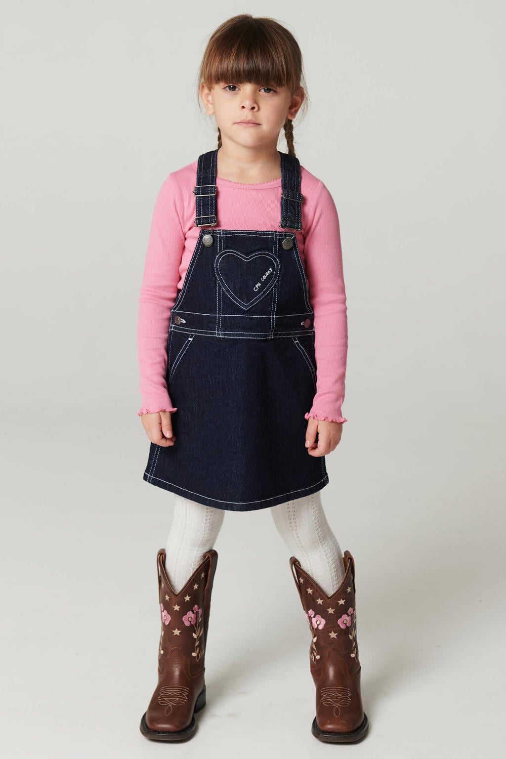 Dark blue denim meisjes Copenhagen Colors spijkerjurk raw van katoen met effen, knoopsluiting en verstelbare bandjes