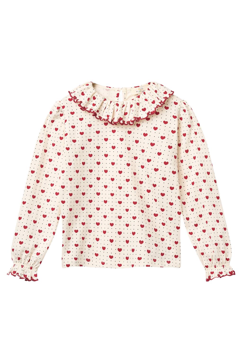 Ecru en rode meisjes Copenhagen Colors rechtvallende longsleeve en hartjes met lange mouwen, ronde hals, knoopsluiting en golvende afwerking