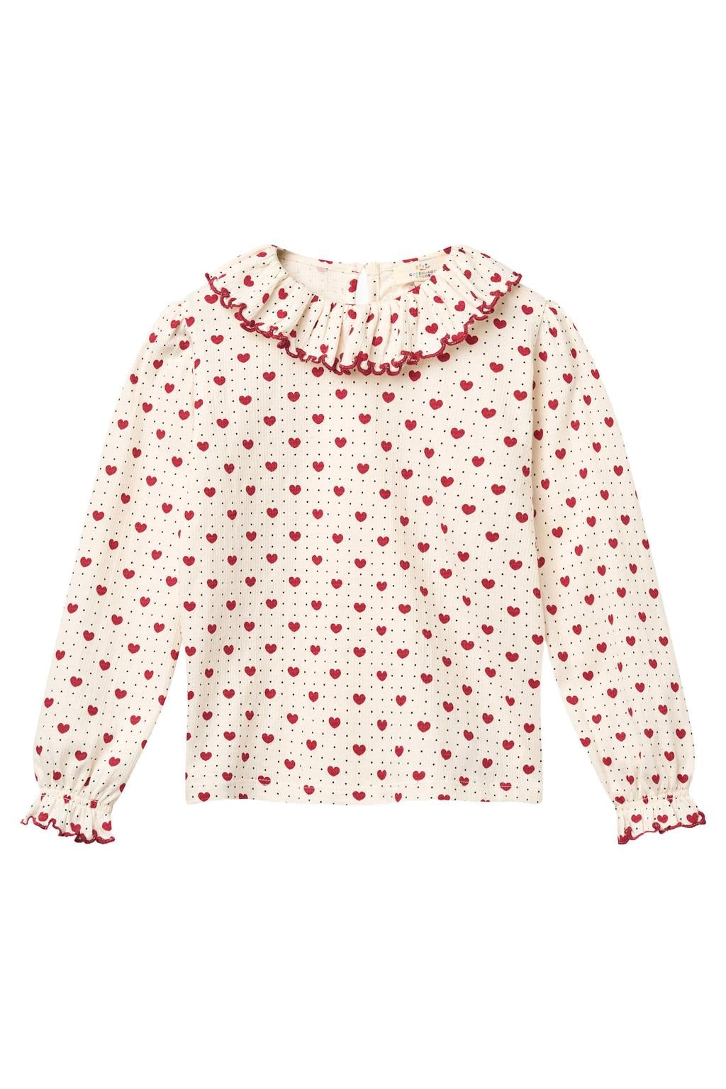 Ecru en rode meisjes Copenhagen Colors rechtvallende longsleeve en hartjes met lange mouwen, ronde hals, knoopsluiting en golvende afwerking