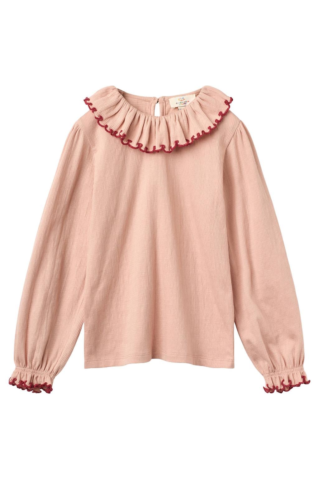 Roze meisjes Copenhagen Colors rechtvallende longsleeve van katoen met effen, lange mouwen, ronde hals, knoopsluiting en golvende afwerking