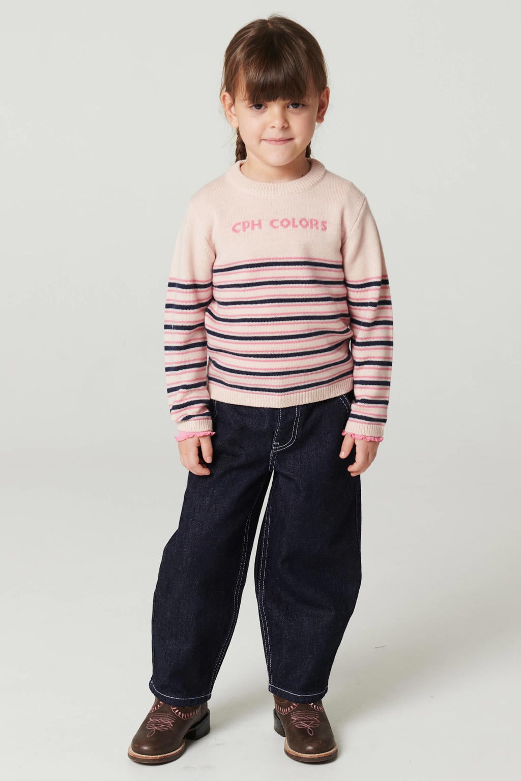 Dark blue denim meisjes Copenhagen Colors ballon barrel jeans raw van denim met rits- en knoopsluiting en effen