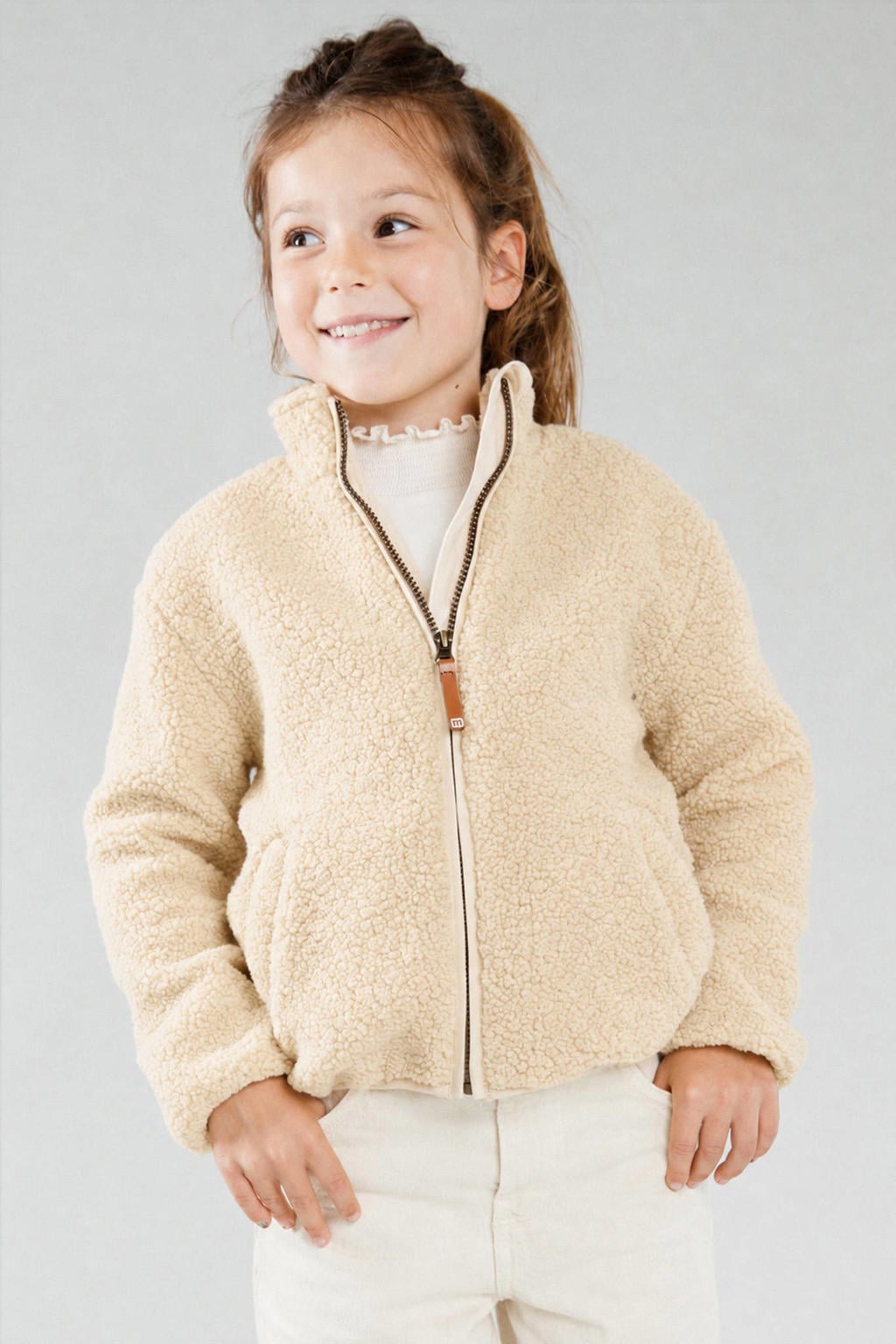 Crème jongens en meisjes Moodstreet teddy jas met effen, lange mouwen, opstaande kraag en ritssluiting