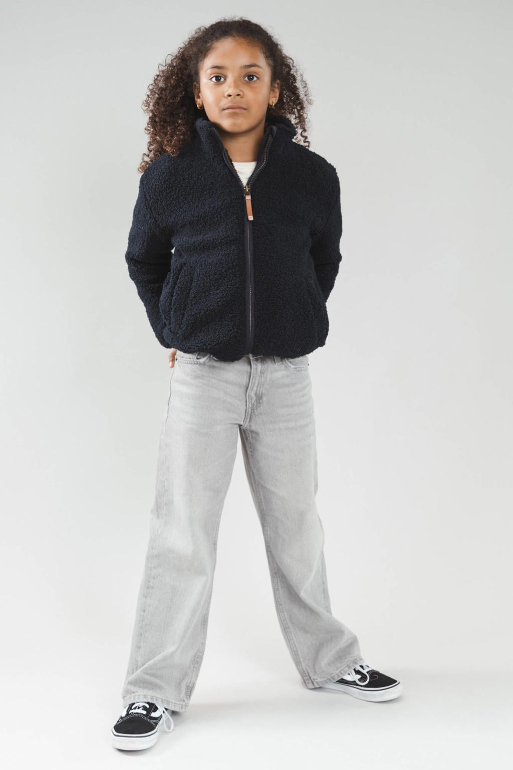 Donkerblauwe jongens en meisjes Moodstreet teddy jas met effen, lange mouwen, opstaande kraag en ritssluiting