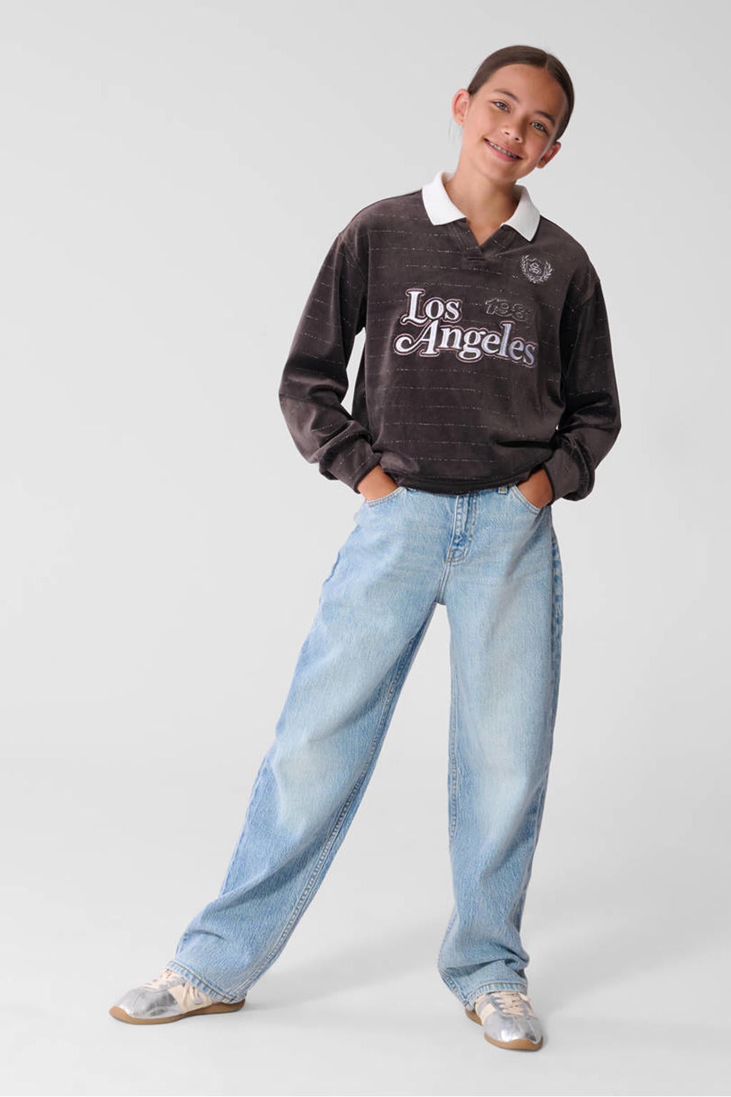 Donkerblauwe meisjes Shoeby fluwelen longsleeve met tekst print, lange mouwen en lurex