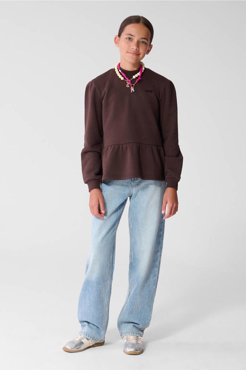 Donkerblauwe meisjes Shoeby sweater met effen, lange mouwen, ronde hals en peplum