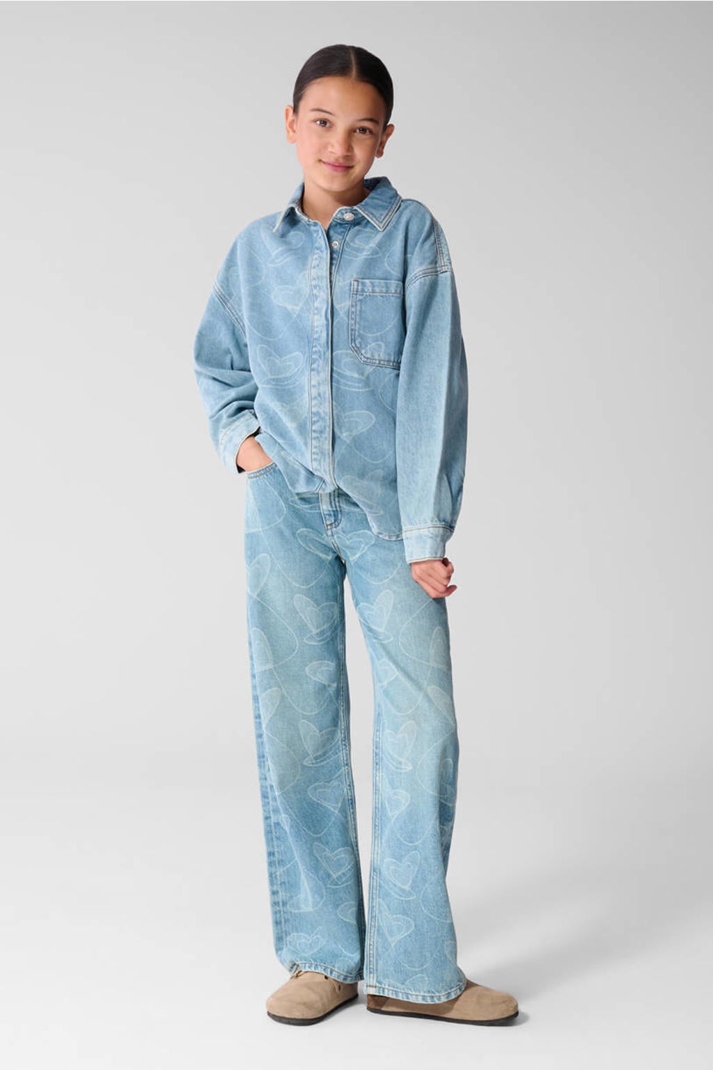 Shoeby denim blouse met hartjes - lichtblauw