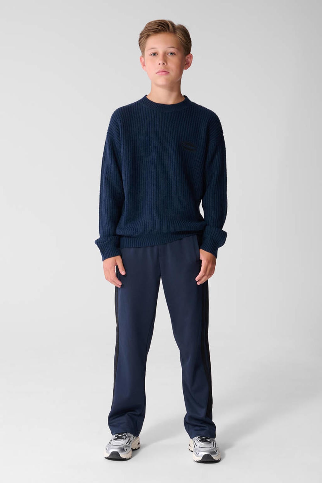 Donkerblauwe jongens Shoeby joggingbroek van polyester met regular waist, elastische tailleband met koord en effen