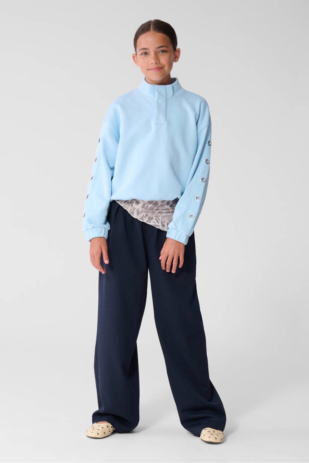 Marineblauw meisjes Shoeby pantalon blauw van polyester met high waist, elastische tailleband en effen