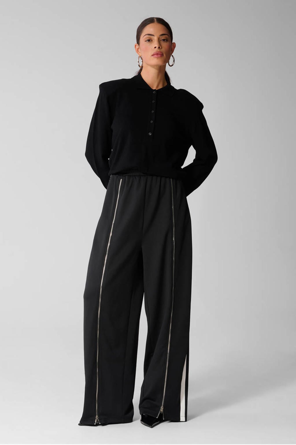 Zwarte dames Shoeby pullover van viscose met effen, lange mouwen, polo kraag en knoopsluiting