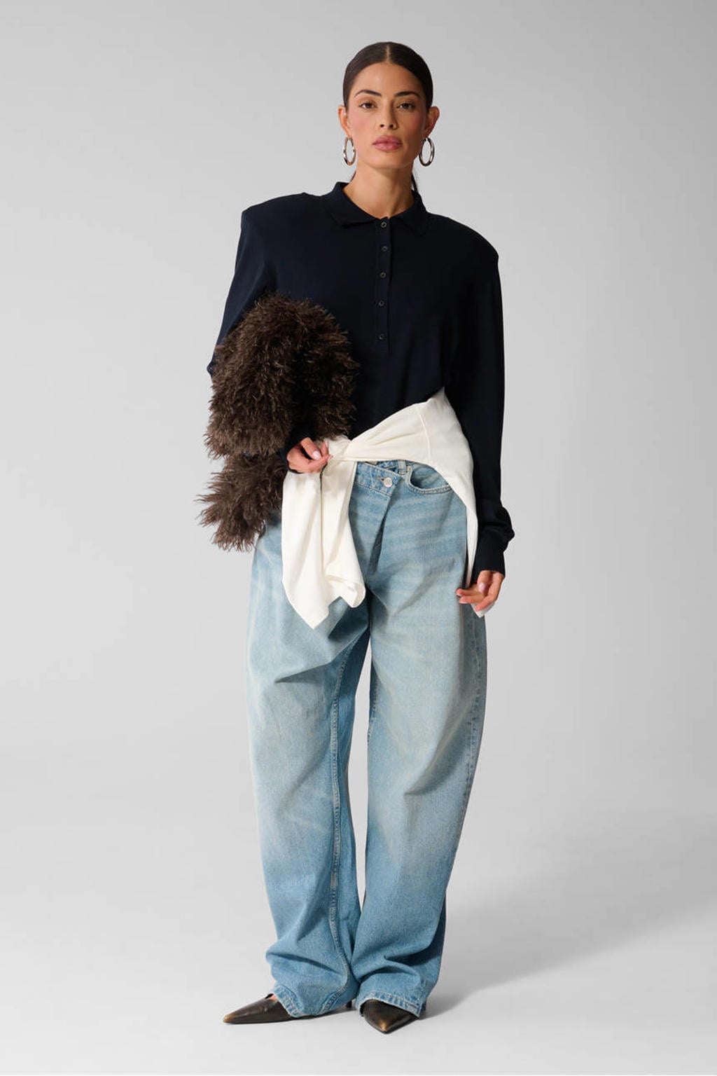 Donkerblauwe dames Shoeby pullover van viscose met effen, lange mouwen, polo kraag en knoopsluiting