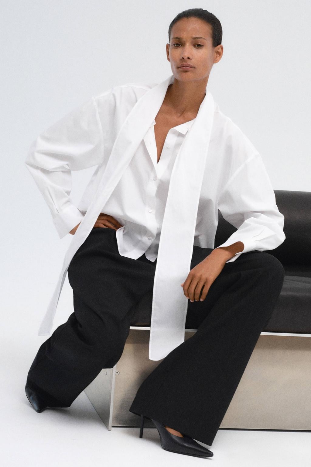 Witte dames Mango blouse van katoen met effen, lange mouwen, sjaalkraag en knoopsluiting