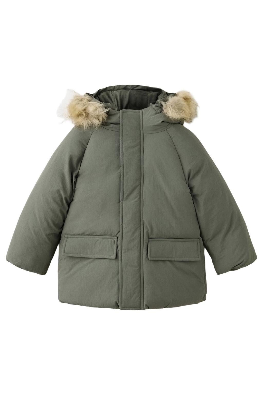 Mango Kids winterjas met imitatiebontkraag - groen