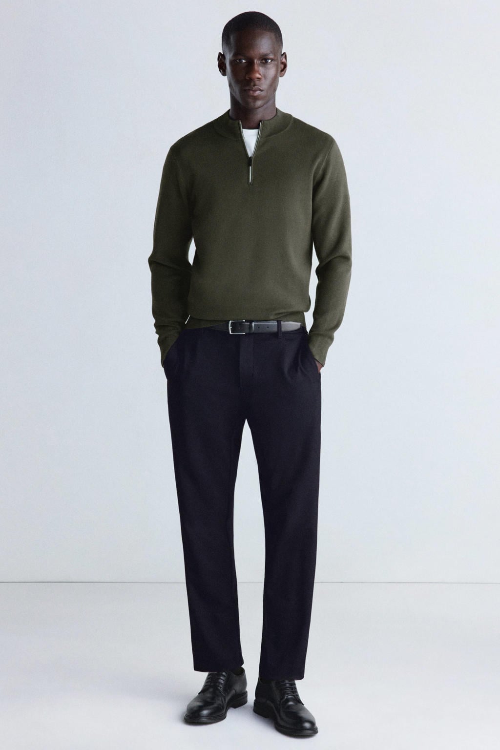 Donkergroene heren Mango Man slim fit trui van viscose met effen en lange mouwen
