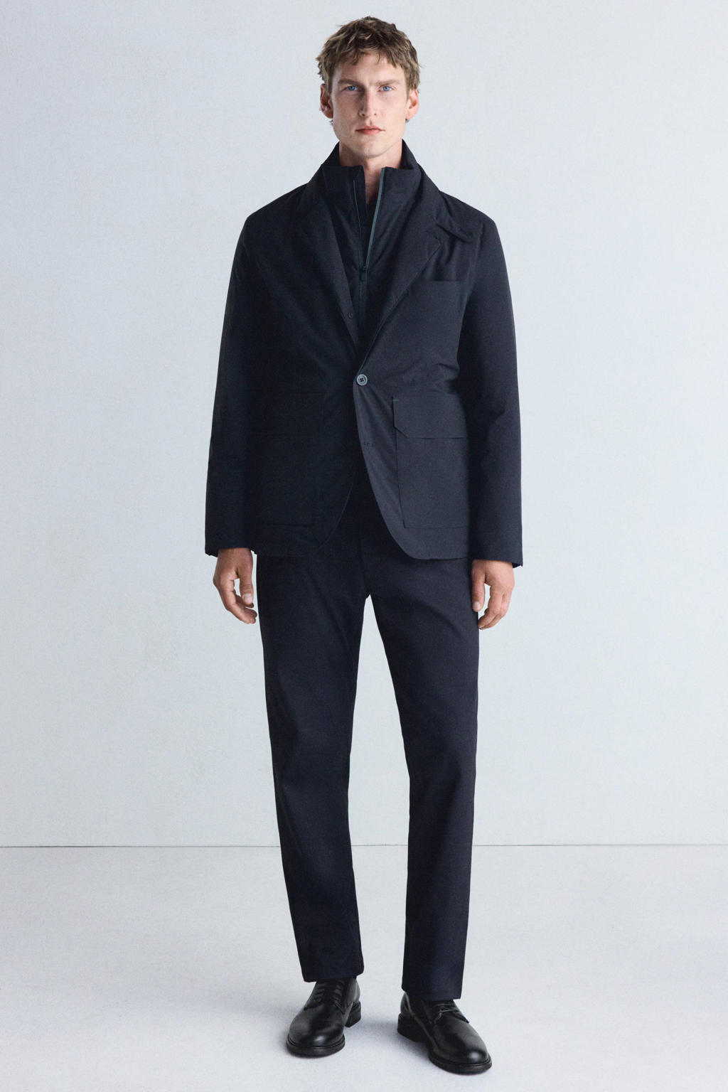 Donkerblauwe heren Mango Man tussenjas van polyester met effen, lange mouwen en rits- en knoopsluiting