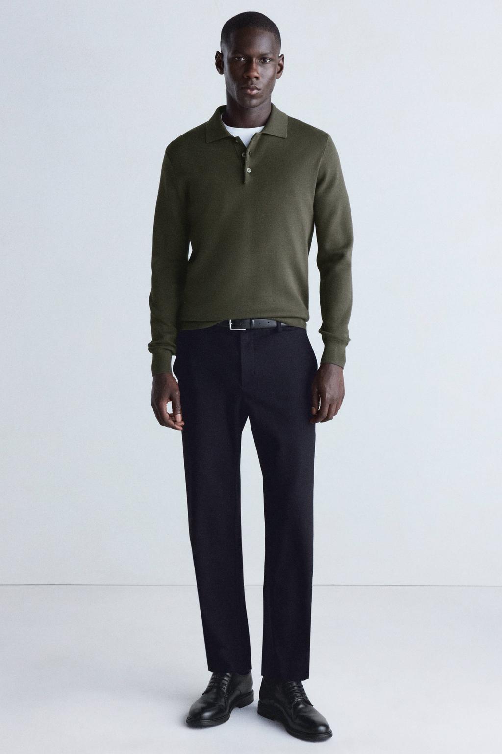 Donkergroene heren Mango Man regular fit gebreide trui van viscose met effen, lange mouwen en polo kraag