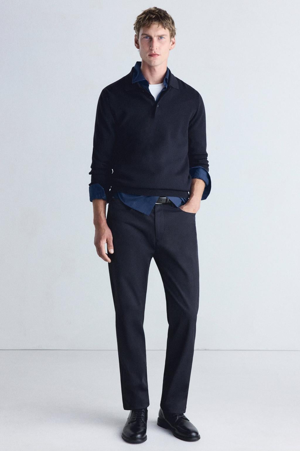 Blauwe heren Mango Man regular fit gebreide trui van viscose met effen, lange mouwen en polo kraag