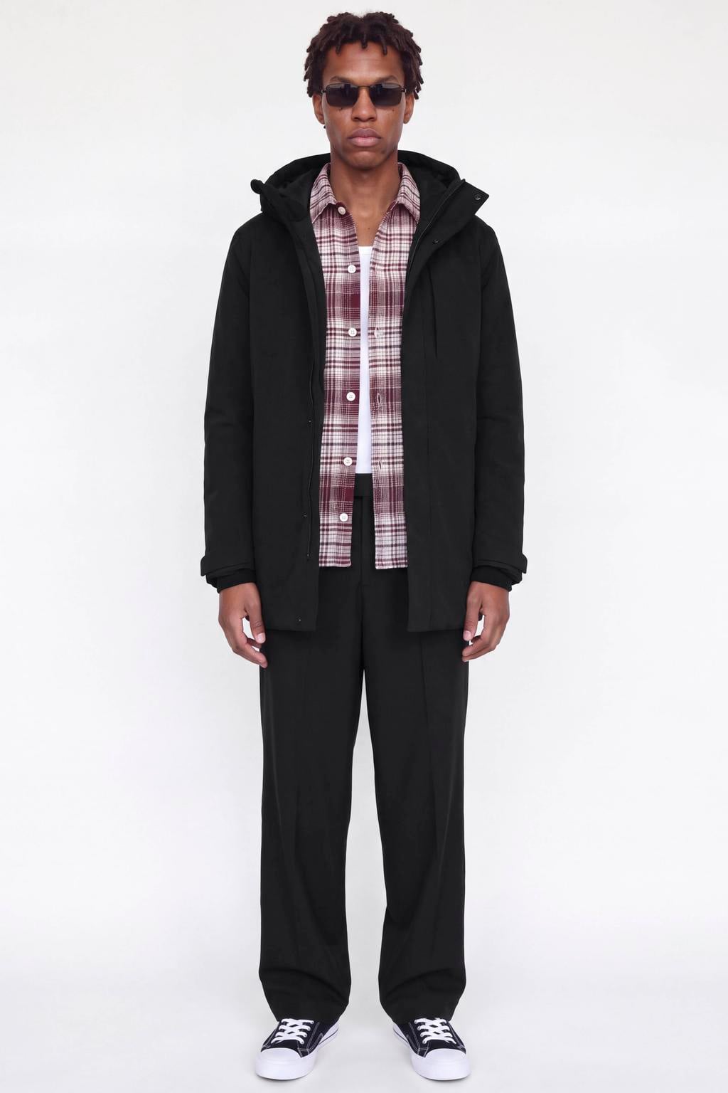 Zwarte heren JACK & JONES ESSENTIALS winterparka van polyester met effen, lange mouwen, capuchon en rits- en drukknoopsluiting